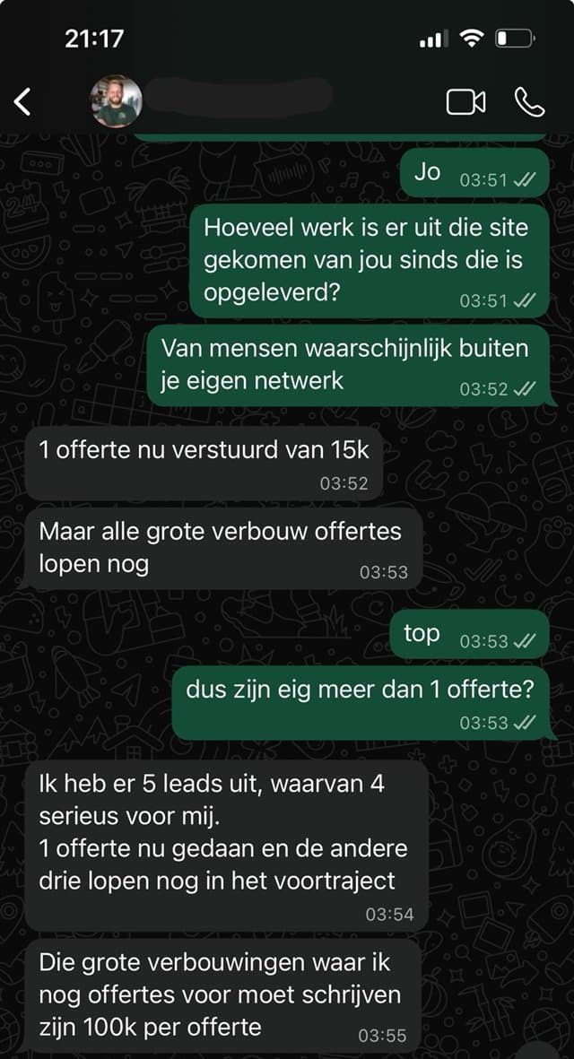 WhatsApp-gesprek met Verbouwgroep Noord over de aanvragen die de website oplevert
