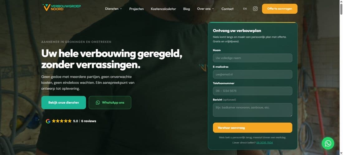 De website van Verbouwgroep Noord met een offerteformulier