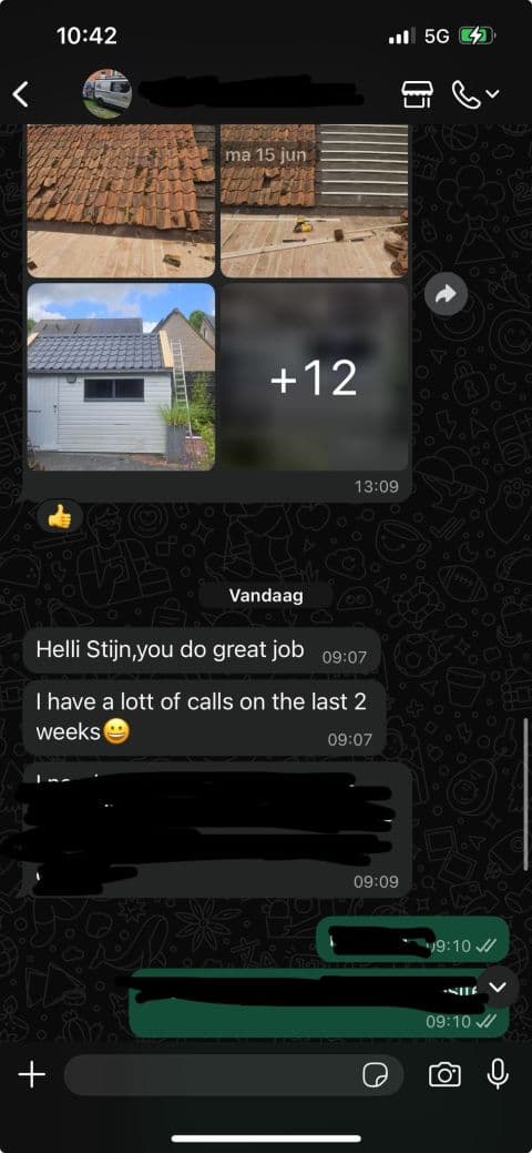 WhatsApp-bericht van Dakdokter Noord: je doet geweldig werk, ik heb de laatste twee weken veel telefoontjes gehad